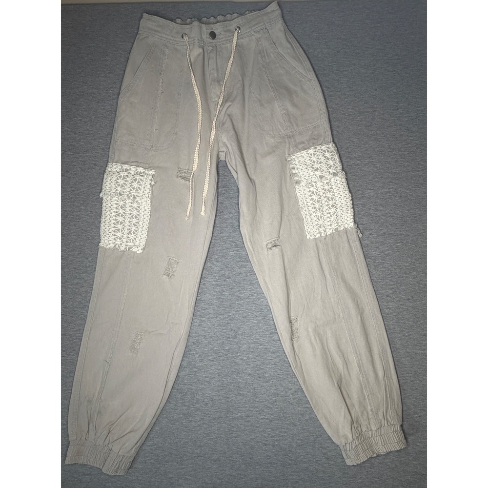 POL Clothing‎ Women Beige Crochet Lace Pocket Cargo Joggers Distressed SMP494 S - Picture 3 of 8